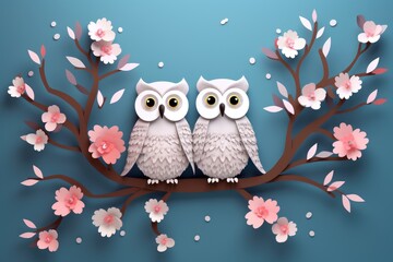 cute owl couple sit on branch paper art AI illustration
