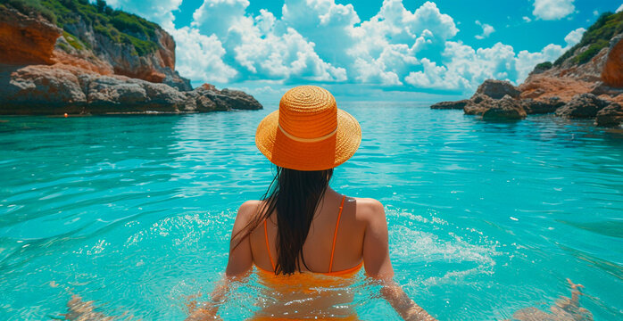 A girl with a magnificent figure is on vacation at sea. Sexy girl on a wild beach - AI generated image