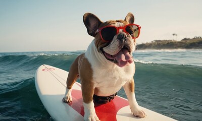 Surfing french bulldog puppy with sunglasses, perfect for promoting surfing events and competitions.Concept for t- shirt print and design, backpacks and bags print,notebook covers design.
