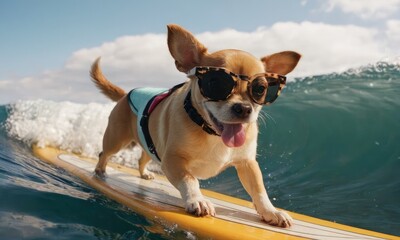 Funny chihuahua puppy surfing on waves— promoting beach resorts or hotels, enticing summer vacationers.Concept for t- shirt print and design, backpacks and bags print,notebook covers design.