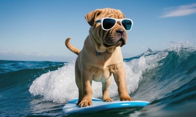 Shar pei dog with sunglasses riding waves, perfect for promoting surfing schools or camps with a touch of humor.Concept for t- shirt print and design, backpacks and bags print,notebook covers design.