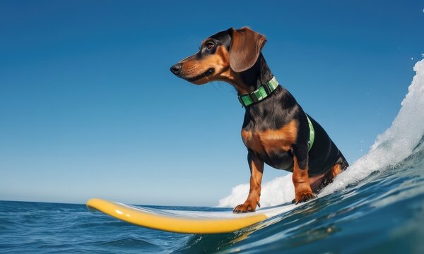 Taksa dog on big waves, perfect for travel and vacation ads, promoting surfing gear, summer events and festivals banner concept.Concept for t- shirt design, backpacks and bags print,notebook covers .