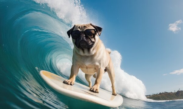 Surfing pug puppy with sunglasses, perfect for promoting surfing events and competitions, adding  humorous twist.Concept for t- shirt print and design, backpacks and bags print,notebook covers design.