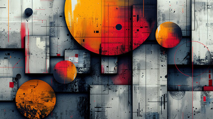 An abstract artwork with circles and geometric shapes.
