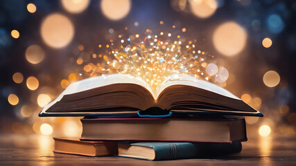 glowing light from an open book. Conceptual image with dry tree growing from book. AI generated image