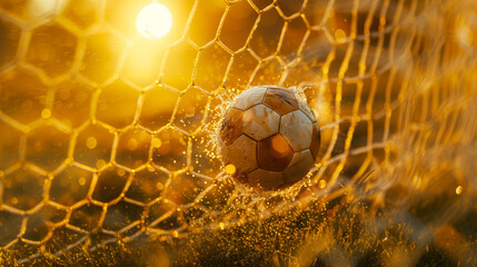 The soccer ball flew into the goal net. Background in yellow tones with splashes. Bokeh effect. AI generative