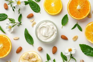 Almond moisturizing cream skin care with fruits and leaves on white table and white isolated background. Top view. Horizontal composition.