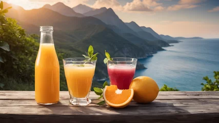 Fotobehang Glass bottles of various fruit juices. Glasses of fresh organic vegetable and fruit juices. © Koca