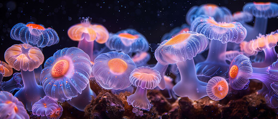 Enchanting Underwater Dance: Bioluminescent jellyfish floating in the deep sea
