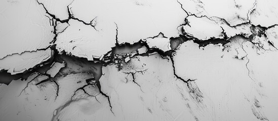 Obraz premium A black and white photograph capturing the textured surface of a cracked wall, resembling a unique piece of abstract art with hints of a tree twig, water droplets, and a distant landscape
