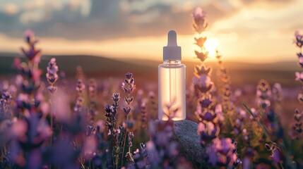 A white transparent bottle with serum standing on stone of a field of lavender in the rays of the...