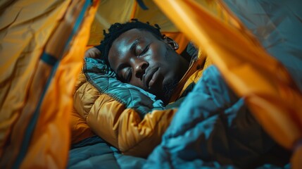 Young black men sleeping inside a camping tent on nature. Concept of outdoor holiday, dating, mountaineering, tourist recreation and sport. Generative ai - obrazy, fototapety, plakaty