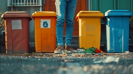 Obraz premium Man stands between Garbage Containers. Sorting garbage. Recycling ecology concept. Waste sorting garbage bins or trash cans. Generative ai