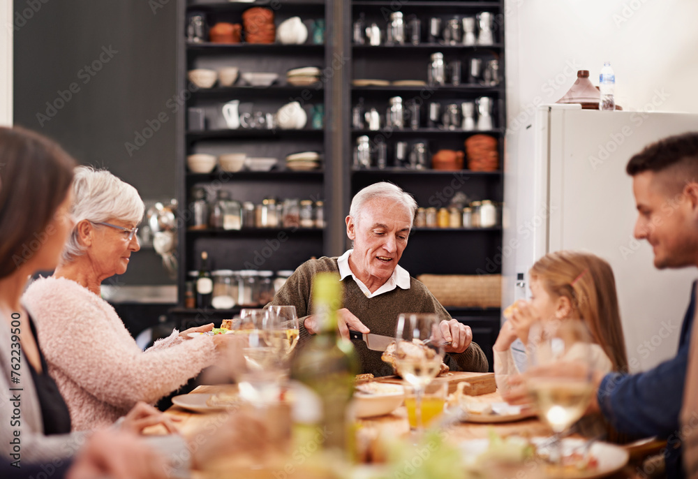 Poster Family, food and table for lunch in home, conversation and healthy meal or alcohol in apartment. Happy people, bonding and eating together on weekend, relax and speaking or sharing in dining room