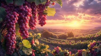 A vibrant sunset illuminates a lush vineyard highlighting ripe grapes emphasizing the beauty and fertility of the landscape