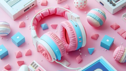 Retro musical background wiht Headphones and retro cassette tapes, pink blue yellow colorful...
