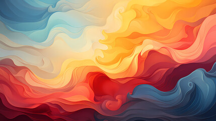 Abstract background with swirling colors and shapes; Flowing waves in orange, blue, red, and yellow