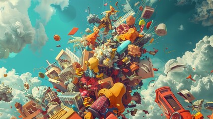 Abstract illustration of overproduction and overabundance of things - obrazy, fototapety, plakaty