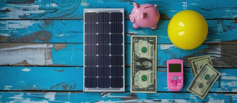 Solar panels, piggy bank and dollar bills against grey background with vignette