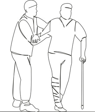 patient assisted walking with cane, line art clip art preview