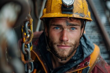 A weary young construction worker with a hard hat and safety gear reflects after labor