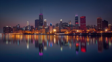 Fototapeta na wymiar Captivating Skyline of Chicago: Illinois’ Dazzling Landmark Amidst the Reflective Lake Michigan in Night