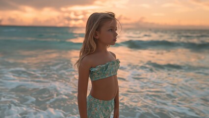 Fototapeta premium Hübsches Mädchen mit langen fliegenden Haaren und Bikini in der Sonne am Strand