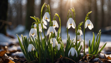 Schneeglöckchen im Wald mit letztem Schnee – Frühlingsboten im Gegenlicht , (Convallaria majalis)