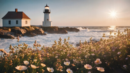 Panoramic view of a beautiful lighthouse with flowers  by the ocean on a Bay with a beach. AI generated image, ai.