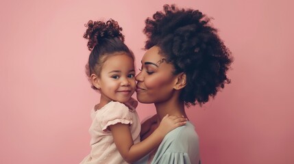Afro- american(black woman) Mother and little kid daughter isolated on pastel background, Mother's Day love family parenthood childhood concept 