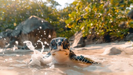 Schildkröte am Sandstrand mit Meer als Hintergrundmotiv, ai generativ - obrazy, fototapety, plakaty