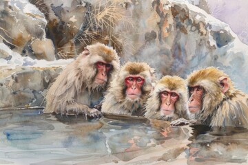 A captivating watercolor depiction of the renowned Jigokudani Monkey Park, showcasing its playful snow monkeys amidst the tranquil snowscape