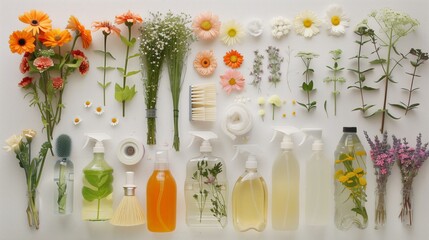 An array of spring cleaning supplies with a fresh, natural floral motif arranged neatly on a white background  - Powered by Adobe