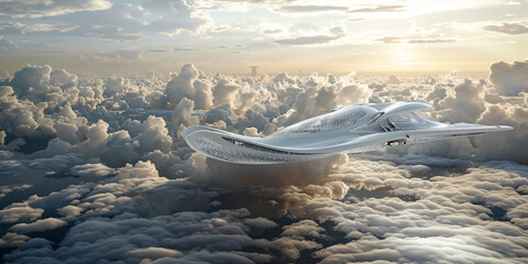 A futuristic white aircraft soars above fluffy clouds, illuminated by the golden hues of a setting sun