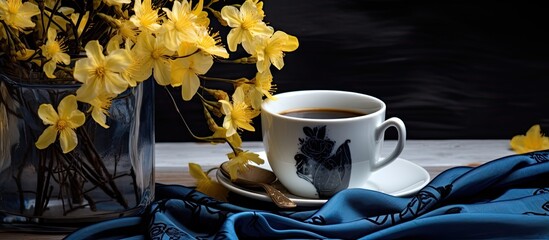 Obraz na płótnie Canvas A Coffee cup is placed on a saucer beside a vase of yellow flowers, creating a charming display of Drinkware and Plant decor on the Tableware