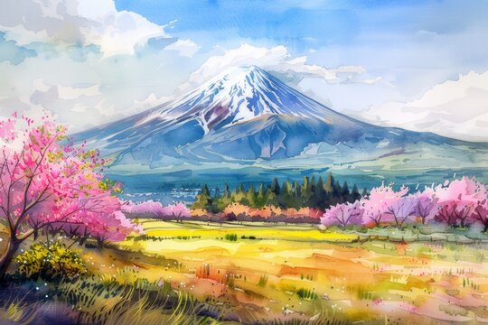 A lively watercolor display of the Fuji Festival. Fascinating Shibazakura It focuses on the colorful shibazakura flowers beneath the majestic Mount Fuji.