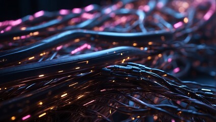 Glowing data cables transferring information background. ai is generated - obrazy, fototapety, plakaty