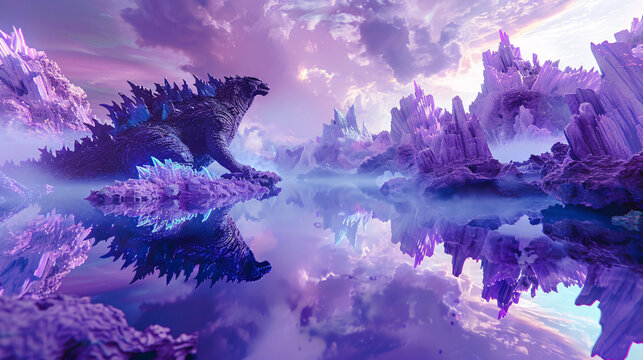 A mystical landscape with a Godzilla-like creature, crystal formations, and a reflective water surface