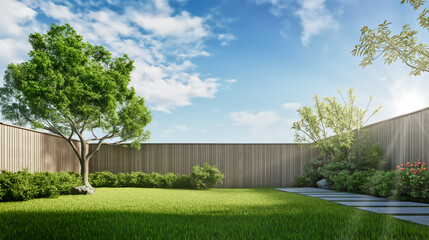 green grass lawn, plants and wooden fence in modern backyard patio - obrazy, fototapety, plakaty