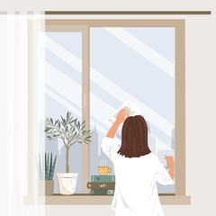 Woman is cleaning a window glass with rag and cleanser spray at home. Spring domestic work. Vector isolated illustration