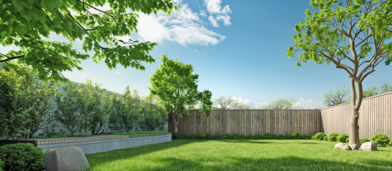 green grass lawn, plants and wooden fence in modern backyard patio