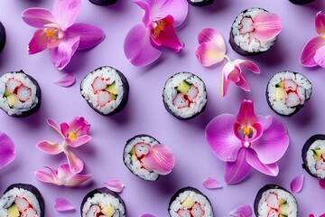 delicious sushi flat lay pattern on a pastel purple background with orchid flowers, maximalist