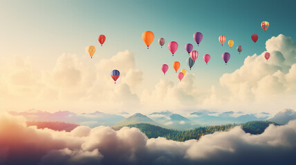Obraz premium panorama of multicolored balloons in the sky above the clouds, background, space, freedom and happiness