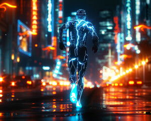 Fototapeta premium Genetically Enhanced Runner, Bioluminescent Skin, Cutting-edge Enhancements, Racing through a neon-lit metropolis, the runners illuminated skin glowing brightly against the dark backdrop 3D render, Ba