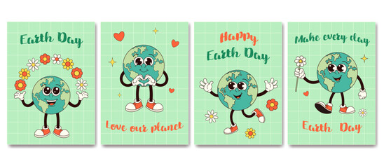 Fototapeta na wymiar Earth day cards set. Earth groovy characters in trendy retro cartoon style. 