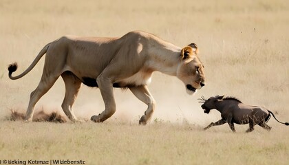 A Lioness Sneaking Up On A Wildebeest - obrazy, fototapety, plakaty