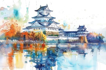 Obraz premium A breathtaking watercolor rendition of the majestic Himeji Castle, capturing its splendid architecture amidst serene surroundings.