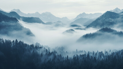 landscape, quiet misty valley in the mountains, forest panorama aero view - obrazy, fototapety, plakaty