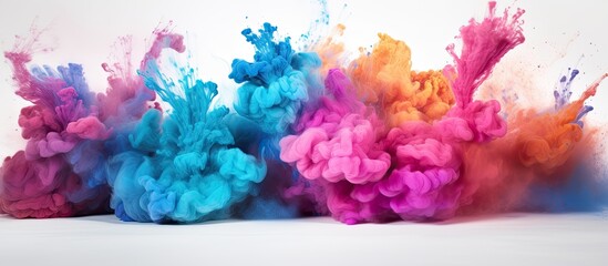 A vibrant display of purple, petal pink, and electric blue smoke explosions on a white background,...