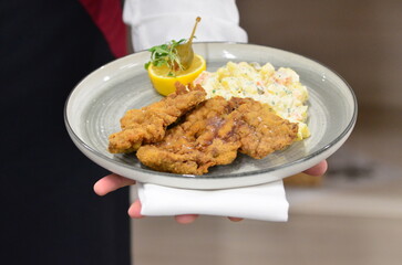 fried chicken schnitzel, food background, serving food, rustic plate, restaurant menu 